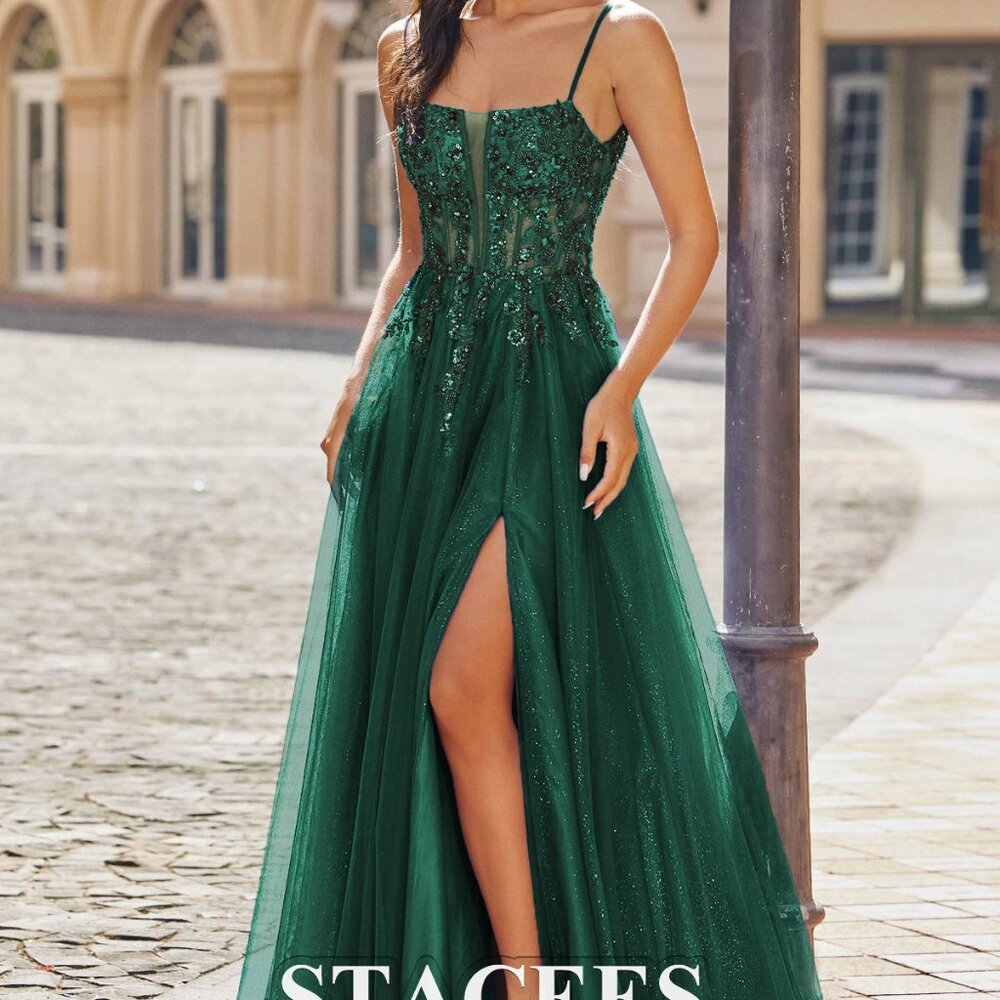 A-line gown with sweep train and vines + appliqued sequins